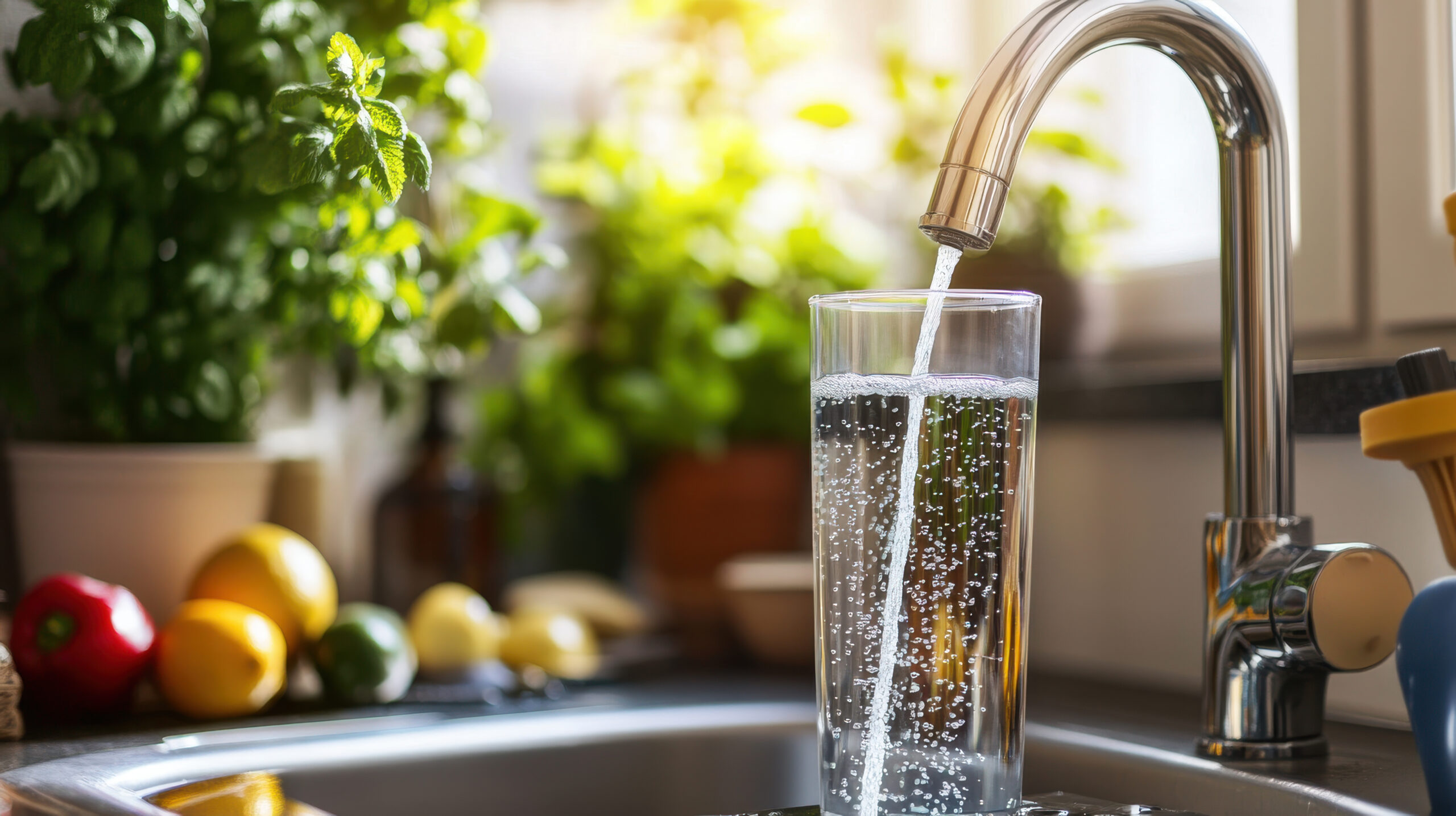 Fresh water flowing into glass in bright kitchen